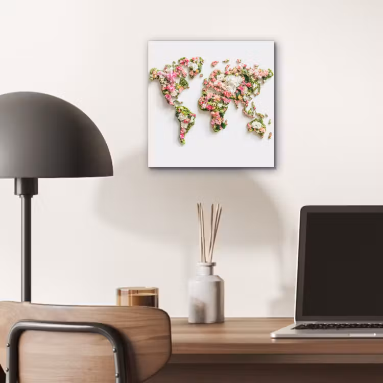 Wereldkaart - Bloemen - Subtiel aluminium wit klein -sfeer5