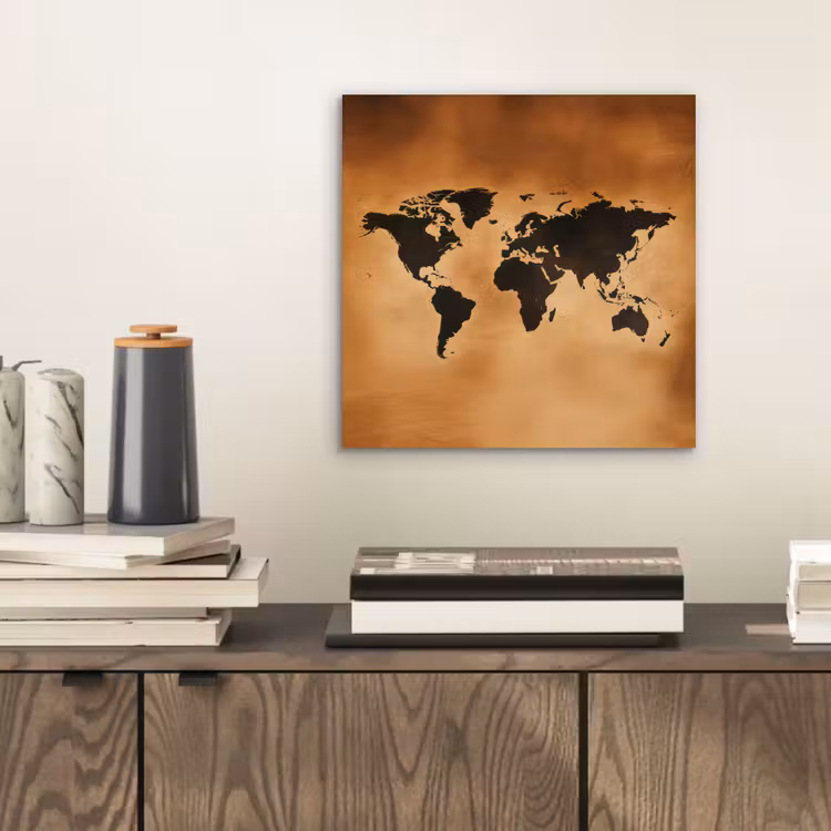 Wereldkaart - Bruin - Kaart aluminium wit klein -sfeer1