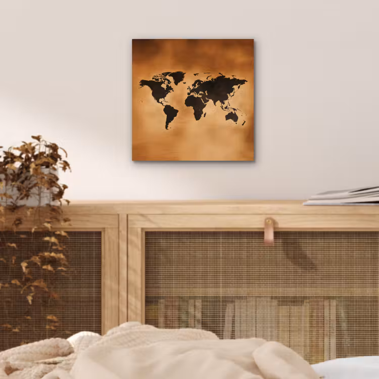 Wereldkaart - Bruin - Kaart aluminium wit klein -sfeer3
