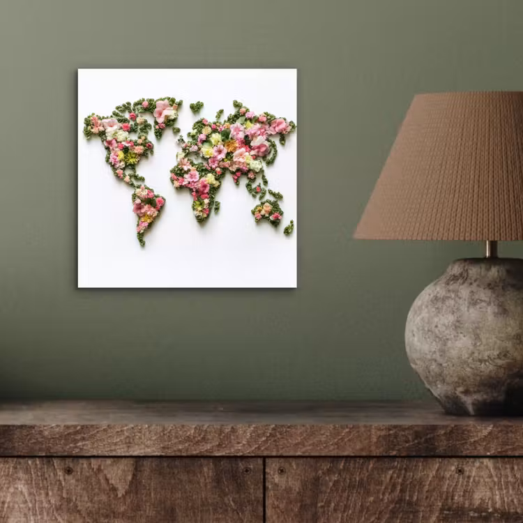Wereldkaart - Kleurrijk - Bloemen - Lente aluminium wit klein -sfeer2
