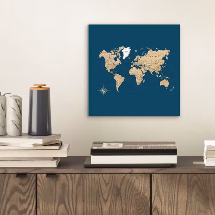 Wereldkaart - Donkerblauw - Beige aluminium wit klein -sfeer1