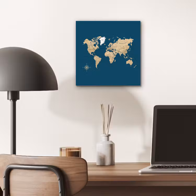 Wereldkaart - Donkerblauw - Beige aluminium wit klein -sfeer5