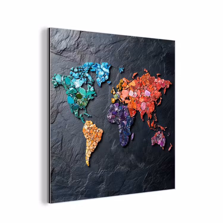 Wereldkaart - Edelstenen - Regenboog - Ruw aluminium wit klein -3d
