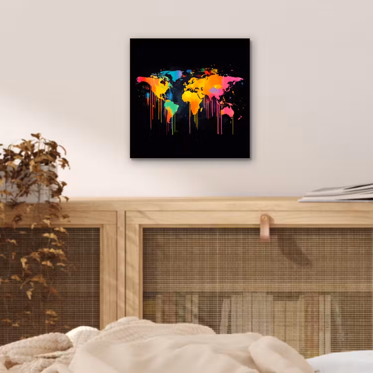 Wereldkaart - Verf - Kleurrijk - Graffiti - Wereld aluminium wit klein -sfeer3
