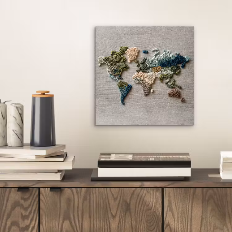 Wereldkaart - Geborduurd - Aardetinten aluminium wit klein -sfeer1