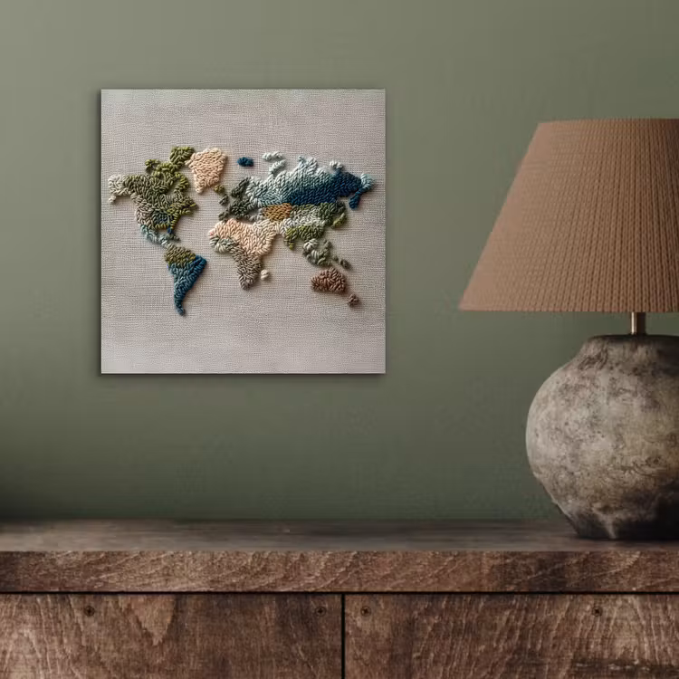 Wereldkaart - Geborduurd - Aardetinten aluminium wit klein -sfeer2