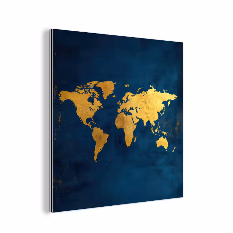 Wereldkaart - Goud - Donkerblauw aluminium wit klein -3d