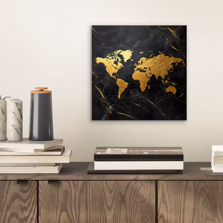 Wereldkaart - Goud - Marmer aluminium wit klein -sfeer1