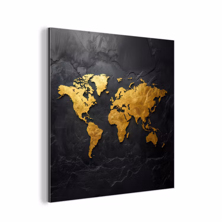 Wereldkaart - Goud - Steen aluminium wit klein -3d