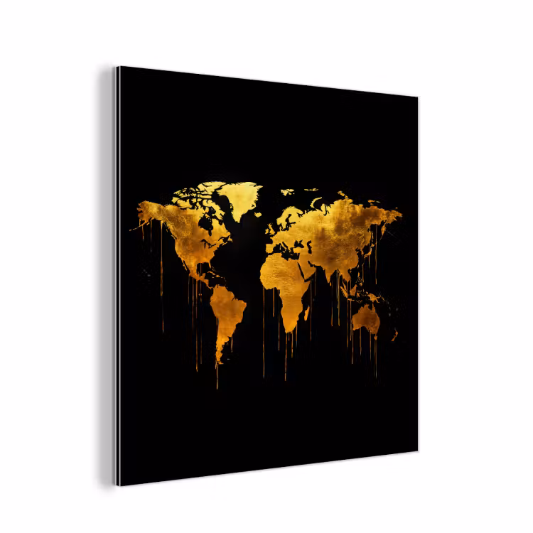 Wereldkaart - Goud - Druipen - Zwart aluminium wit klein -3d