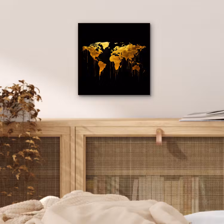 Wereldkaart - Goud - Druipen - Zwart aluminium wit klein -sfeer3