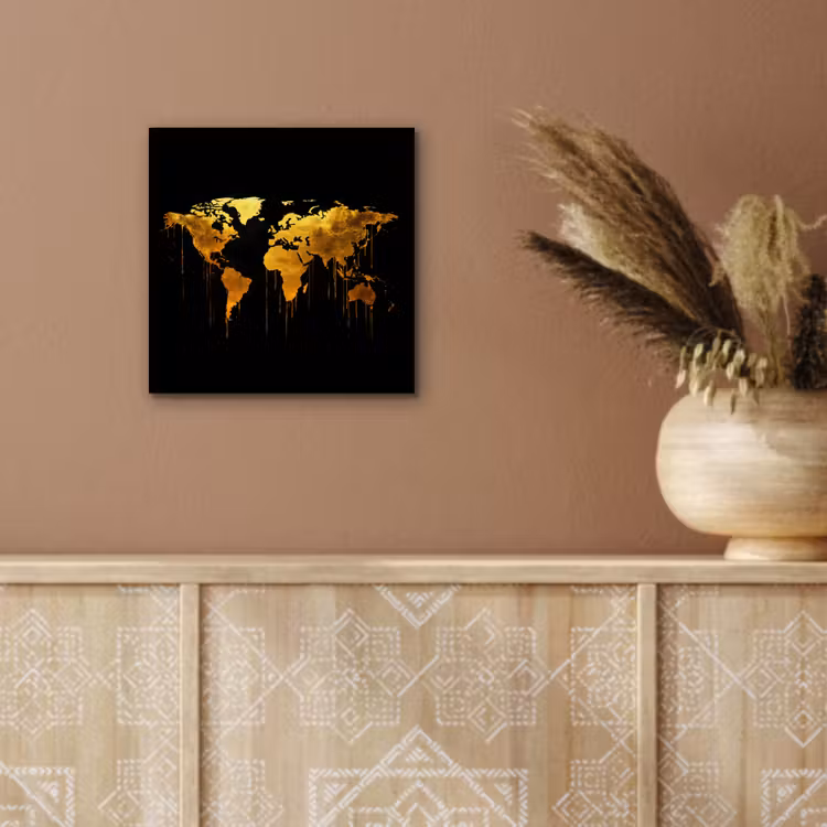 Wereldkaart - Goud - Druipen - Zwart aluminium wit klein -sfeer4