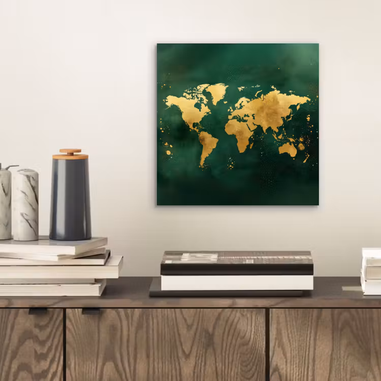 Wereldkaart - Groen - Goud aluminium wit klein -sfeer1
