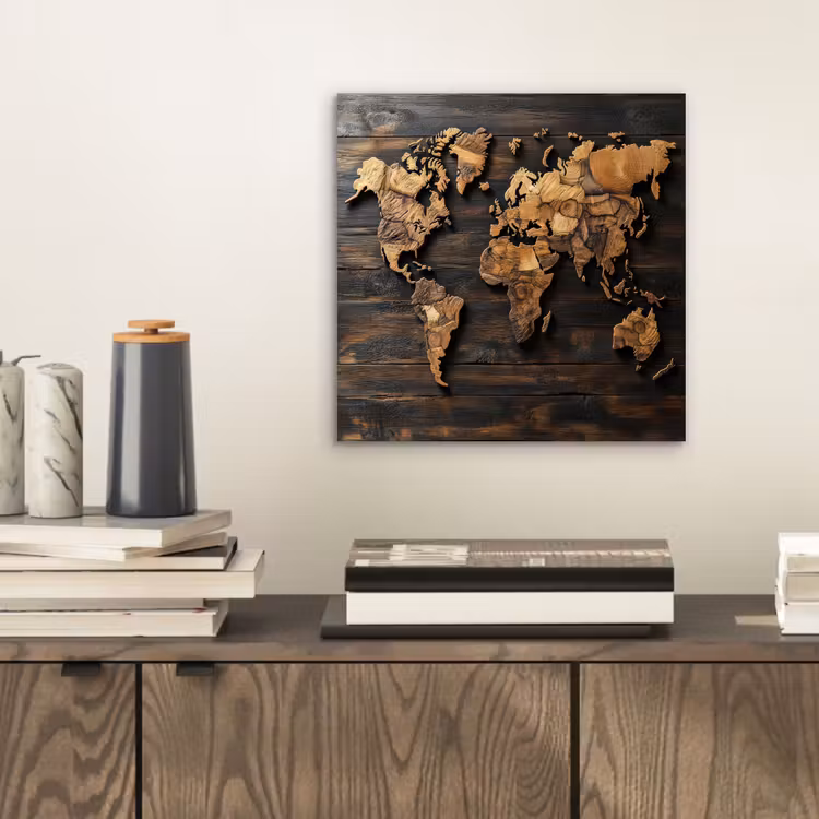 Wereldkaart - Hout - Mozaïek aluminium wit klein -sfeer1