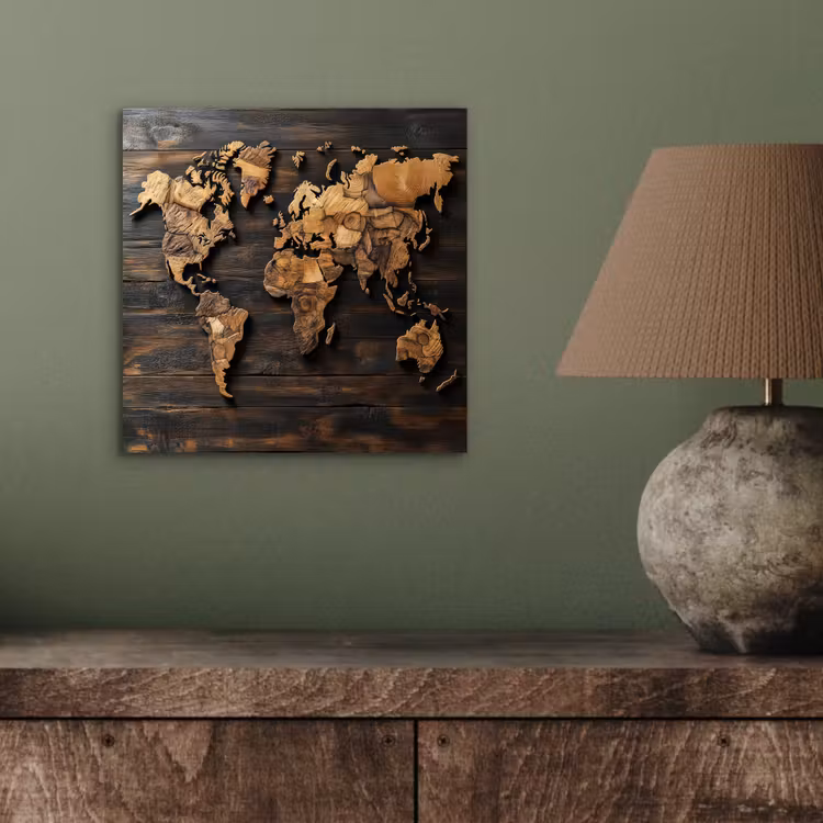 Wereldkaart - Hout - Mozaïek aluminium wit klein -sfeer2