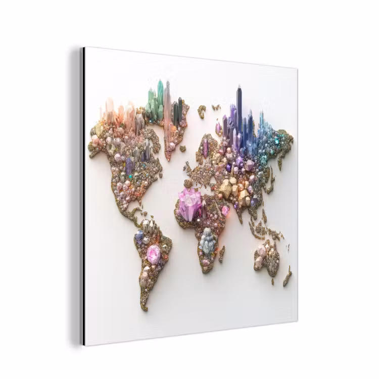 Wereldkaart - Kristallen - Unieke tinten aluminium wit klein -3d
