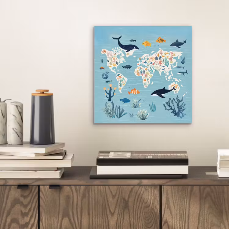 Wereldkaart - Zeeleven - Blauw aluminium wit klein -sfeer1