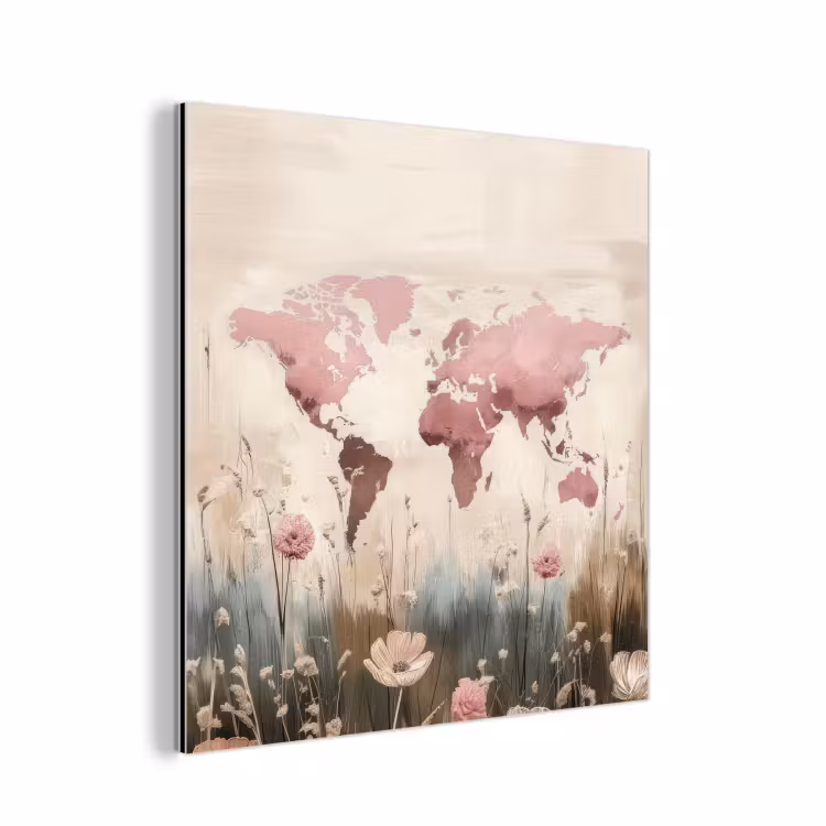 Wereldkaart - Roze - Bloemen aluminium wit klein -3d