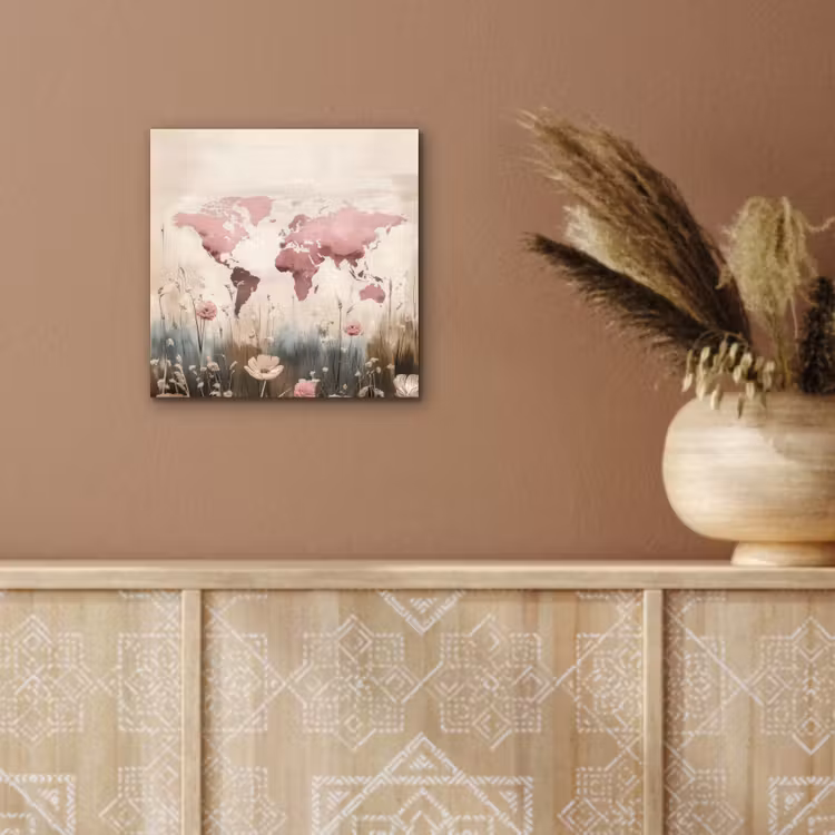 Wereldkaart - Roze - Bloemen aluminium wit klein -sfeer4