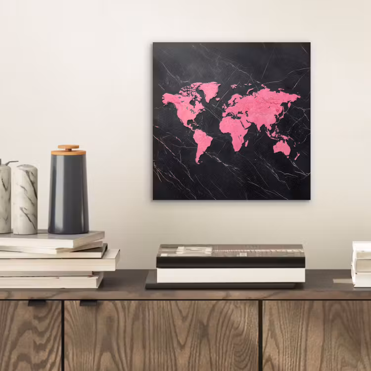 Wereldkaart - Roze - Marmer aluminium wit klein -sfeer1