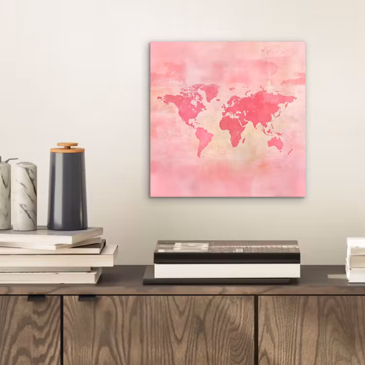 Wereldkaart - Roze - Vaag aluminium wit klein -sfeer1