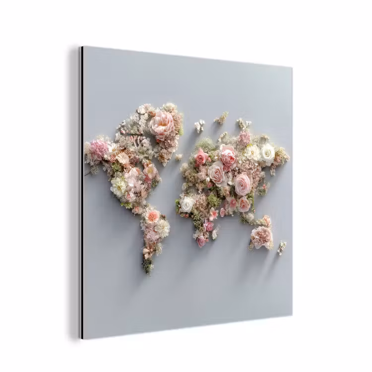 Wereldkaart - Rozen - Roze aluminium wit klein -3d