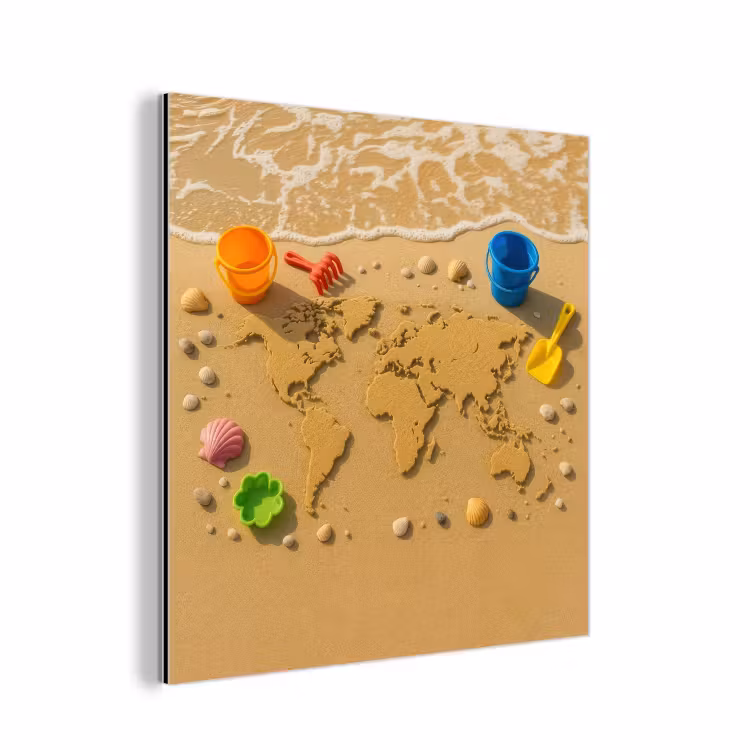 Wereldkaart - Zand - Kleurrijk - Zomer aluminium wit klein -3d