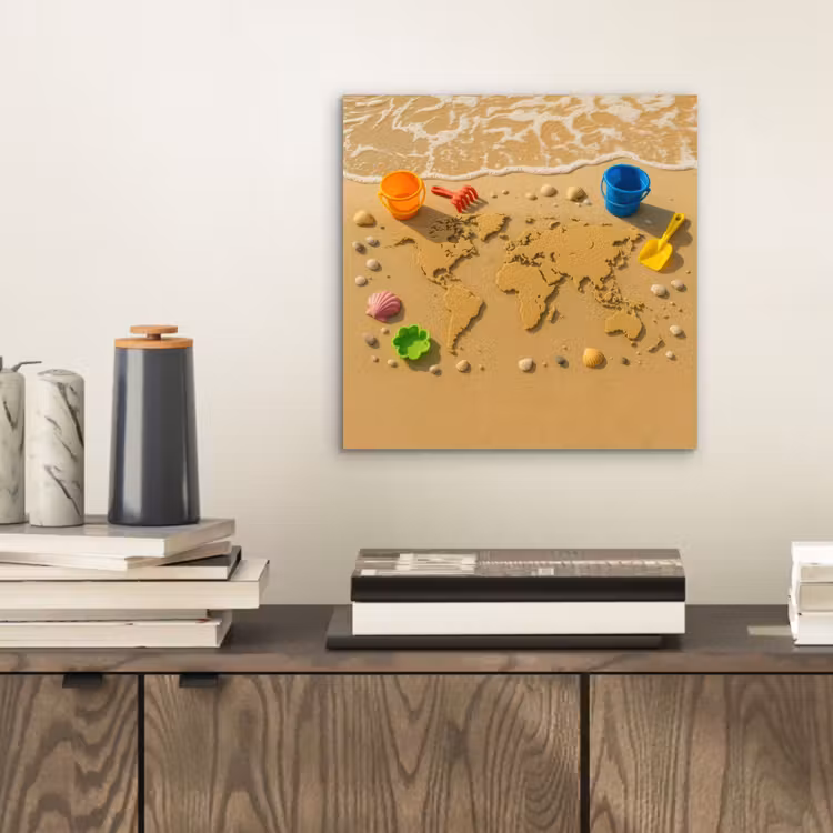 Wereldkaart - Zand - Kleurrijk - Zomer aluminium wit klein -sfeer1