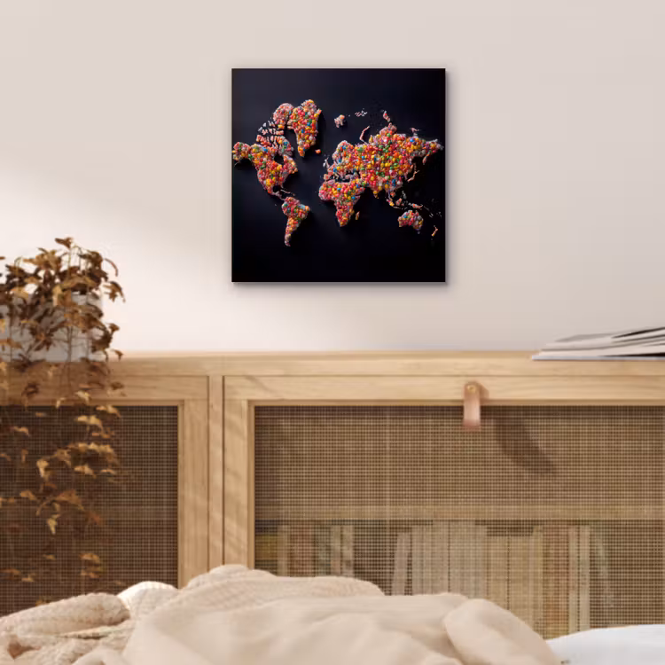 Wereldkaart - Snoepjes - Felle kleuren aluminium wit klein -sfeer3