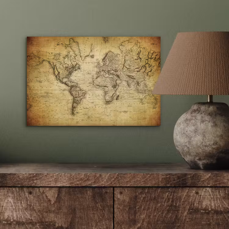 Wereldkaart - Vintage - Antiek - Bruin - Papier aluminium wit klein -sfeer2