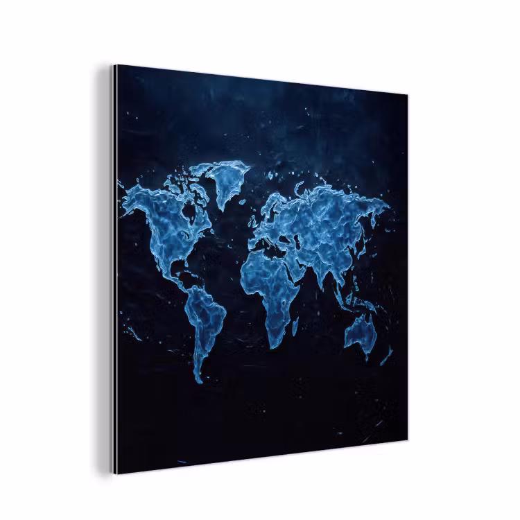 Wereldkaart - Waterstructuur - Blauw aluminium wit klein -3d