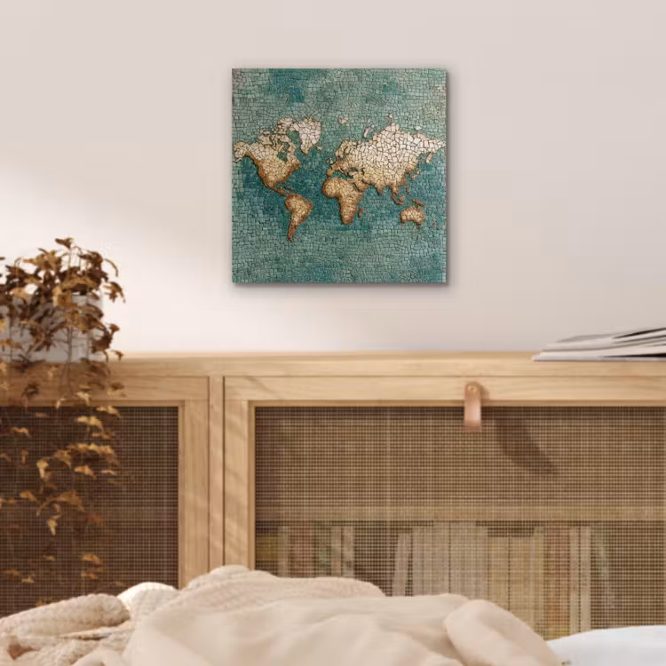 Wereldkaart - Gebroken tegels - Mozaïek aluminium wit klein -sfeer3