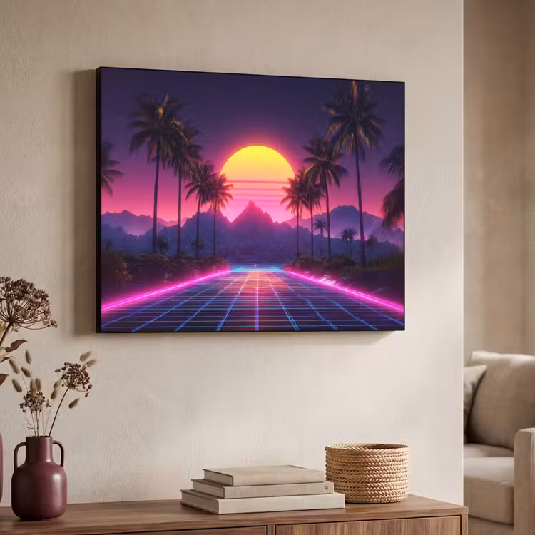 Horizon - Palmbomen - Bergen - Geel Textielframe zwart klein -sfeer3