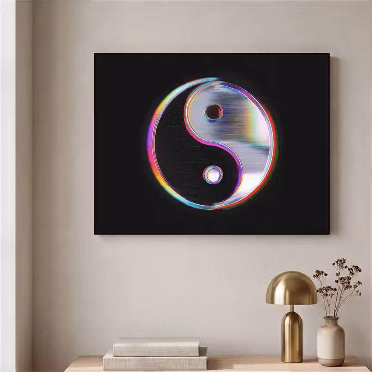 Yin-Yang - Cirkel - Regenboog Textielframe zwart klein -sfeer2