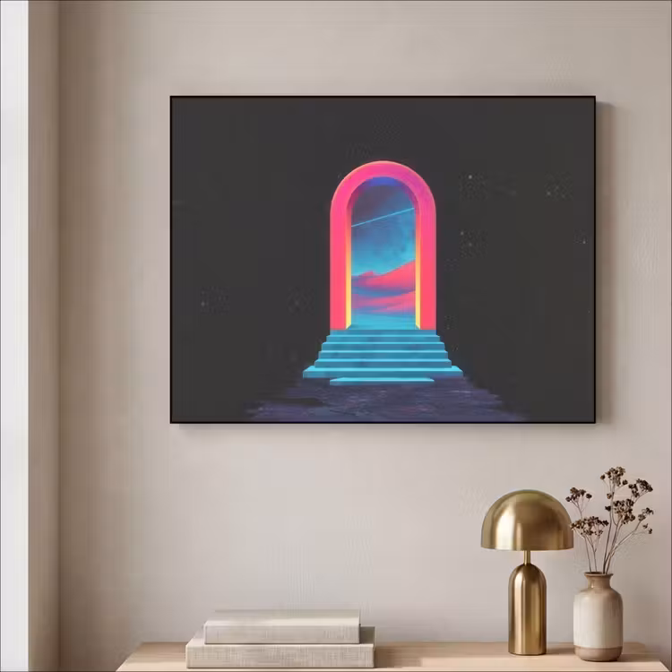 Poortje - Landschap - Sterrenhemel - Roze Textielframe - compleet frame klein -sfeer2