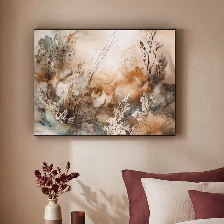 Abstract - Beige - Verf - Kunst - Natuur - Bloemen Textielframe zwart klein -sfeer1