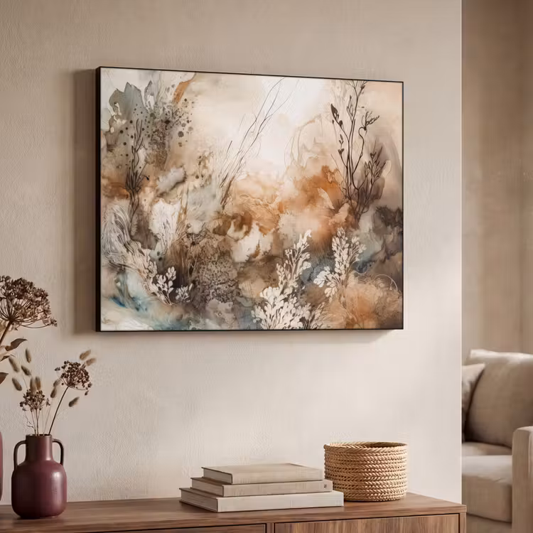 Abstract - Beige - Verf - Kunst - Natuur - Bloemen Textielframe zwart klein -sfeer3