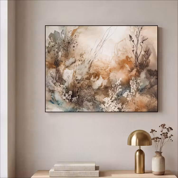 Abstract - Beige - Verf - Kunst - Natuur - Bloemen Textielframe zwart klein -sfeer2