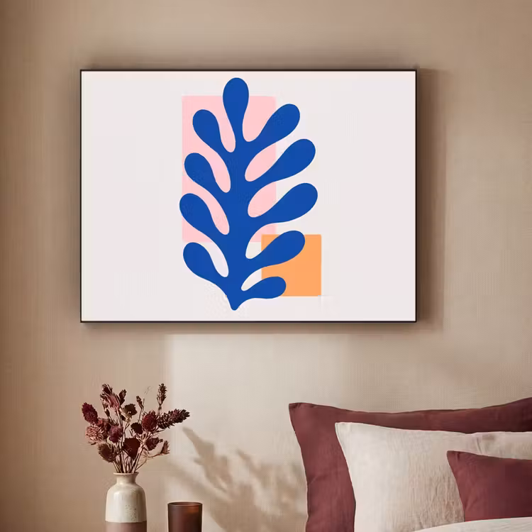 Abstract - Blad - Blauw - Rechthoeken Textielframe zwart klein -sfeer1