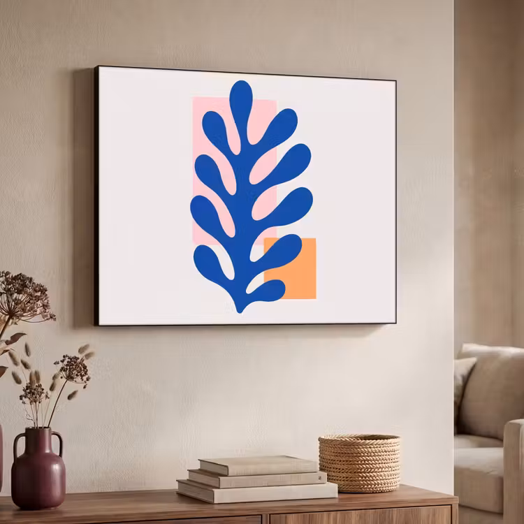 Abstract - Blad - Blauw - Rechthoeken Textielframe zwart klein -sfeer3