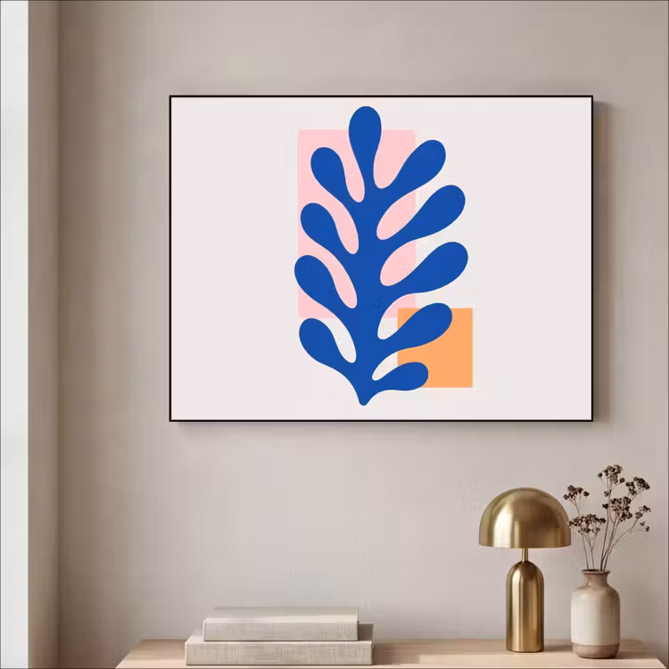 Abstract - Blad - Blauw - Rechthoeken Textielframe zwart klein -sfeer2
