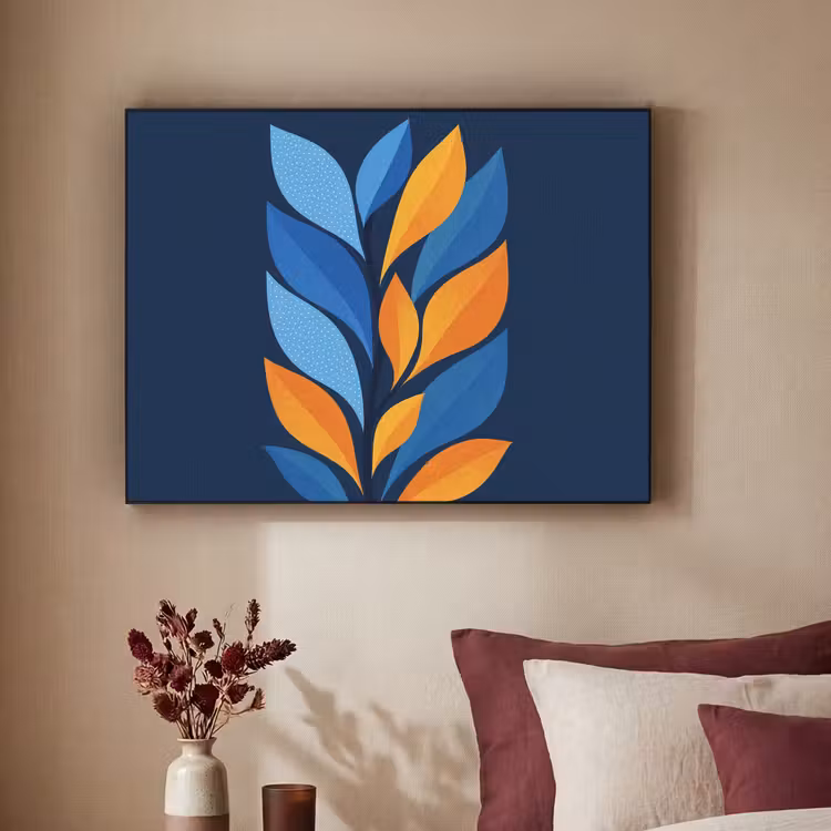 Abstract - Bladeren - Blauw Textielframe zwart klein -sfeer1