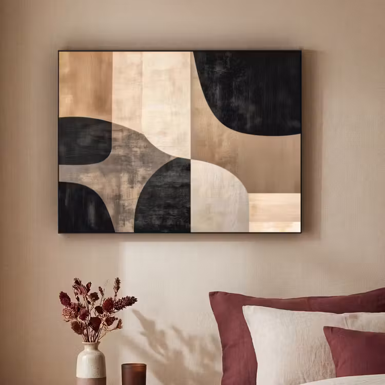Abstract - Vlakken - Zwart - Rond Textielframe zwart klein -sfeer1