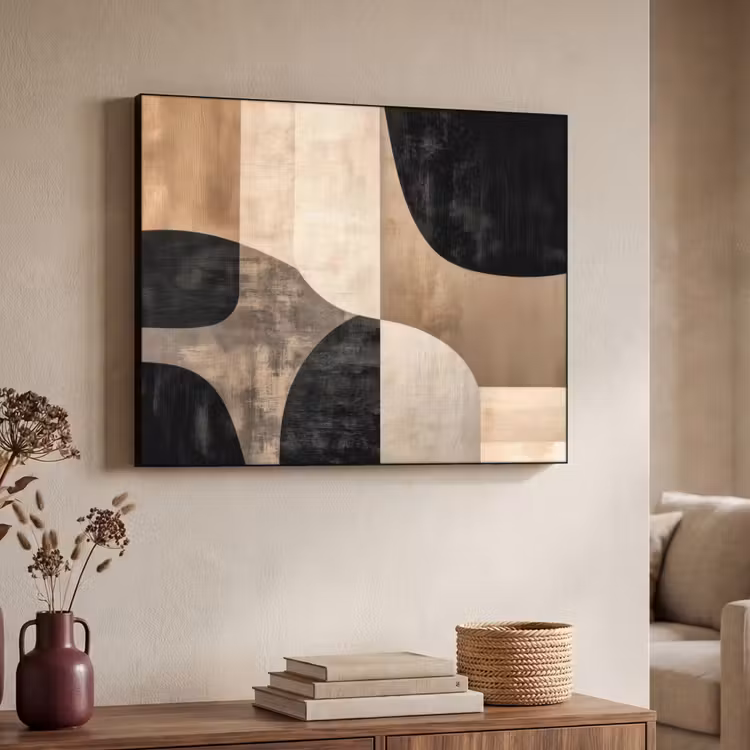 Abstract - Vlakken - Zwart - Rond Textielframe zwart klein -sfeer3