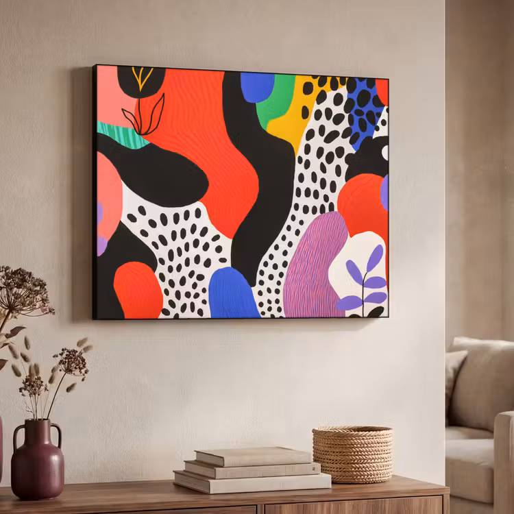 Abstract - Vormen - Kleuren - Stippen Textielframe - compleet frame klein -sfeer3