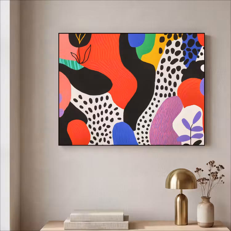 Abstract - Vormen - Kleuren - Stippen Textielframe zwart klein -sfeer2