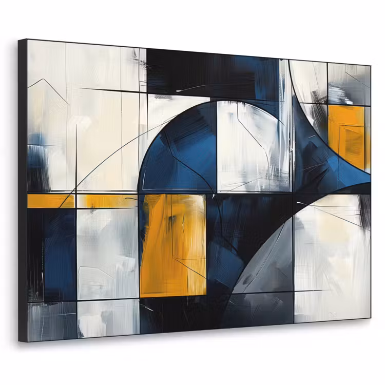 Abstract - Vormen - Goud - Blauw - Geometrisch Textielframe zwart klein -3d