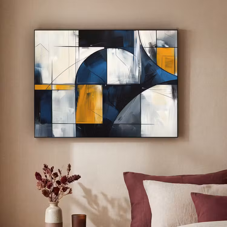 Abstract - Vormen - Goud - Blauw - Geometrisch Textielframe zwart klein -sfeer1