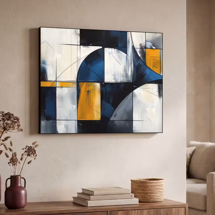 Abstract - Vormen - Goud - Blauw - Geometrisch Textielframe zwart klein -sfeer3