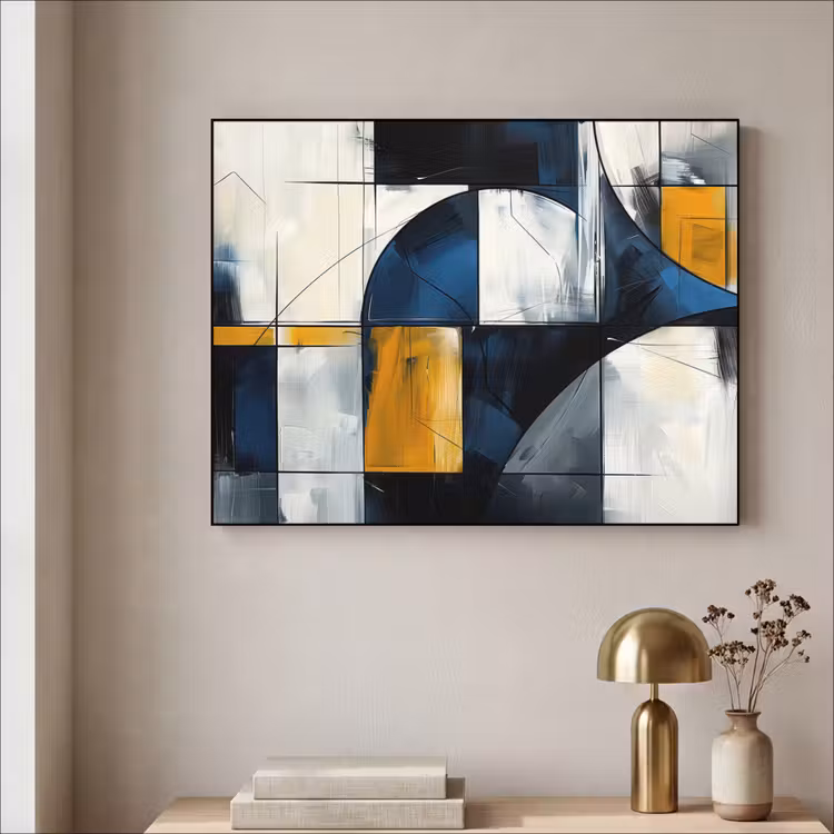 Abstract - Vormen - Goud - Blauw - Geometrisch Textielframe - compleet frame klein -sfeer2